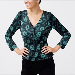 NWT J. Crew Green & Black Floral Peplum Blouse Sz0